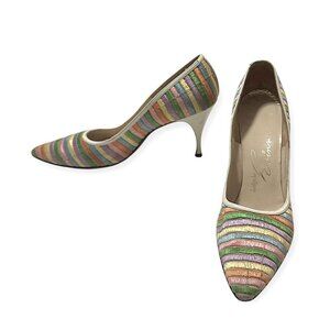 Vintage 1950s David Evins Rainbow Striped Pumps 50s 60s Heels Size 7 AAAA Narrow